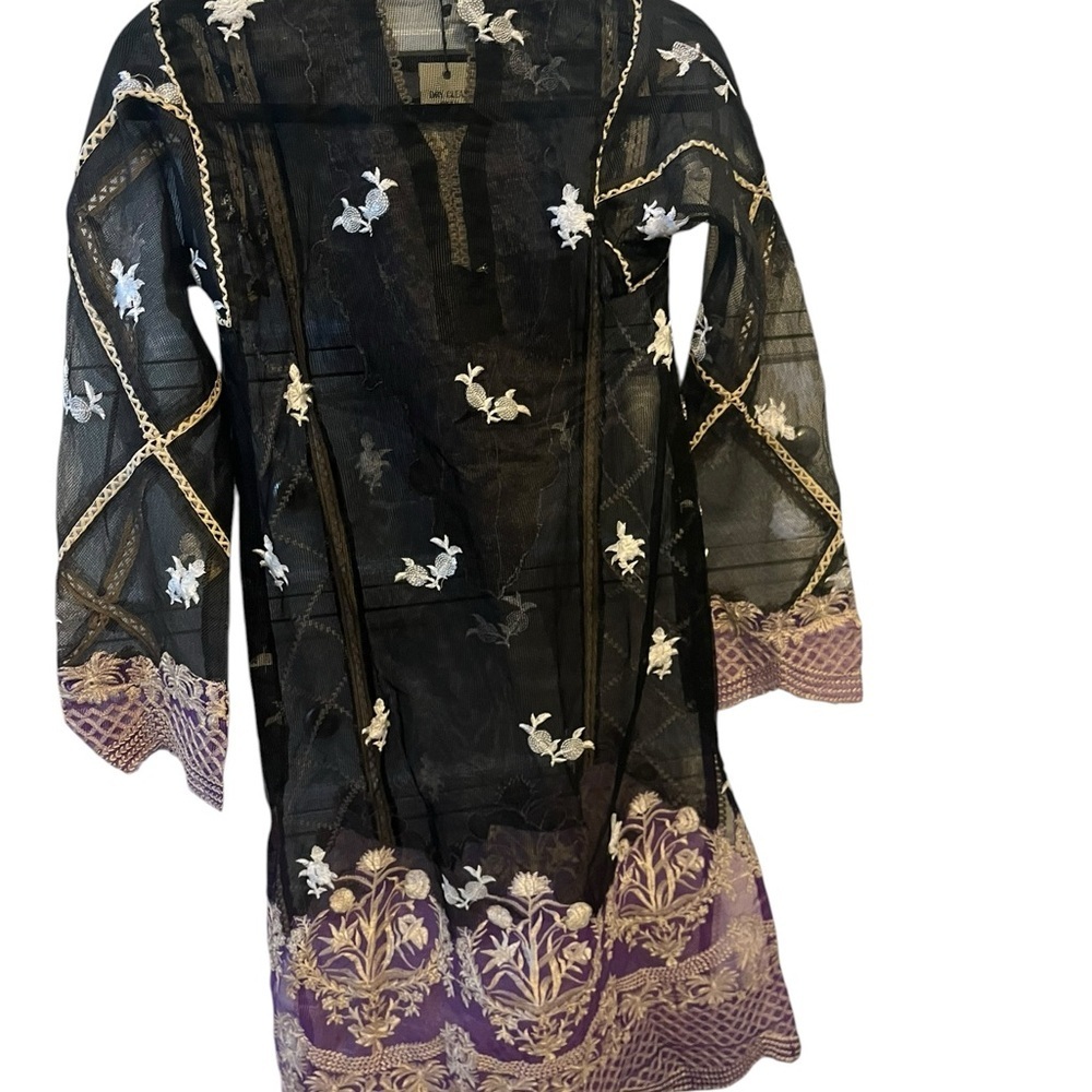 IDEAS Luxury Pret Embroidered Sheer Kurta | Black & Purple Khaadi Net | Small - Picture 2 of 10